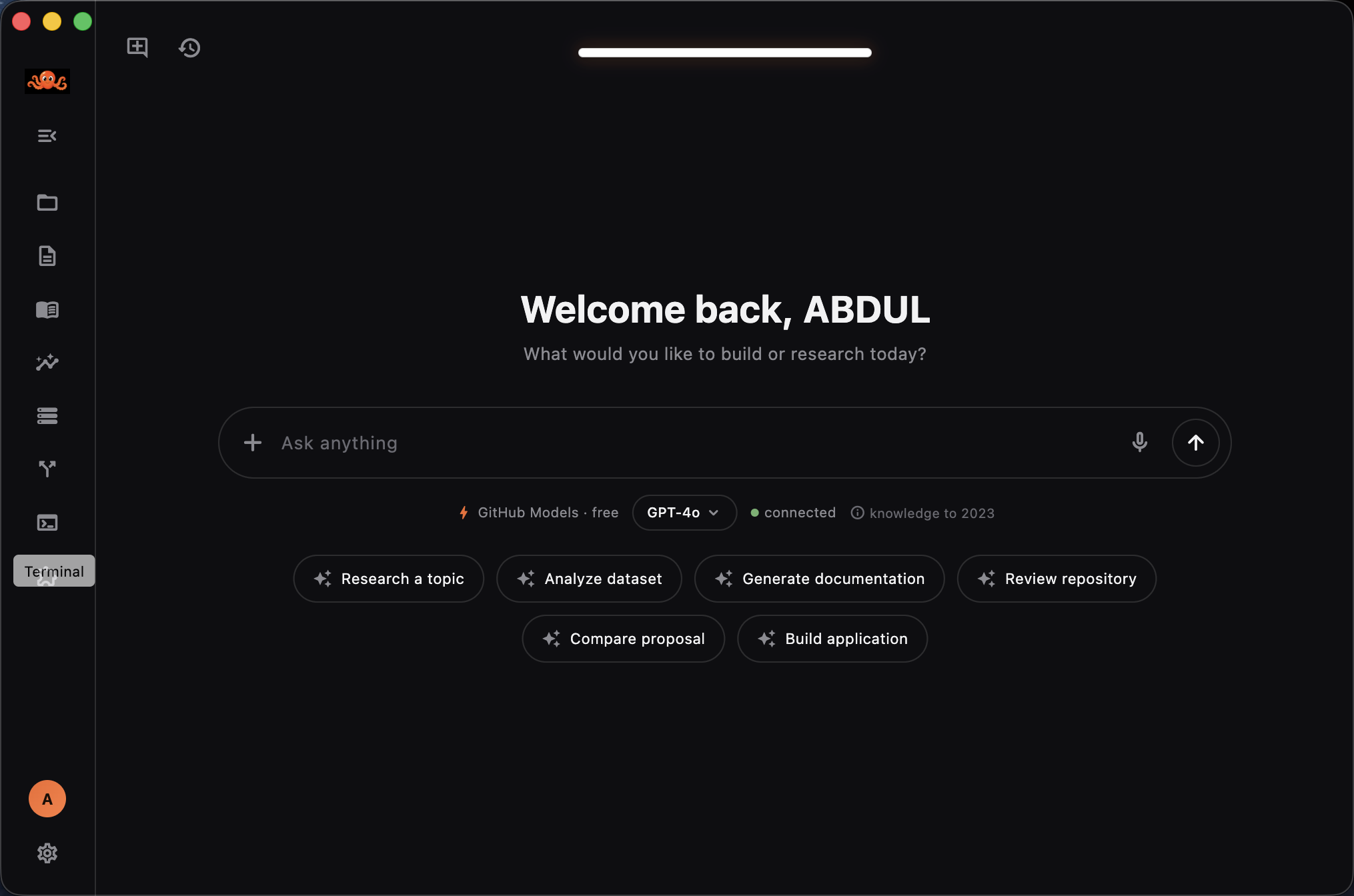 OSMI running on macOS — free AI chat, sidebar rail and the glowing tubelight